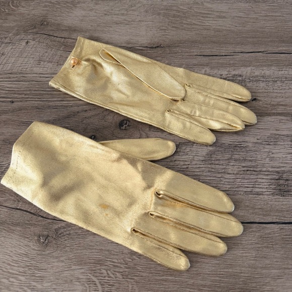 Accessories - Vintage Gold Metallic Ladies Gloves Western Germany Glam Size M Faux Pearl 50's?